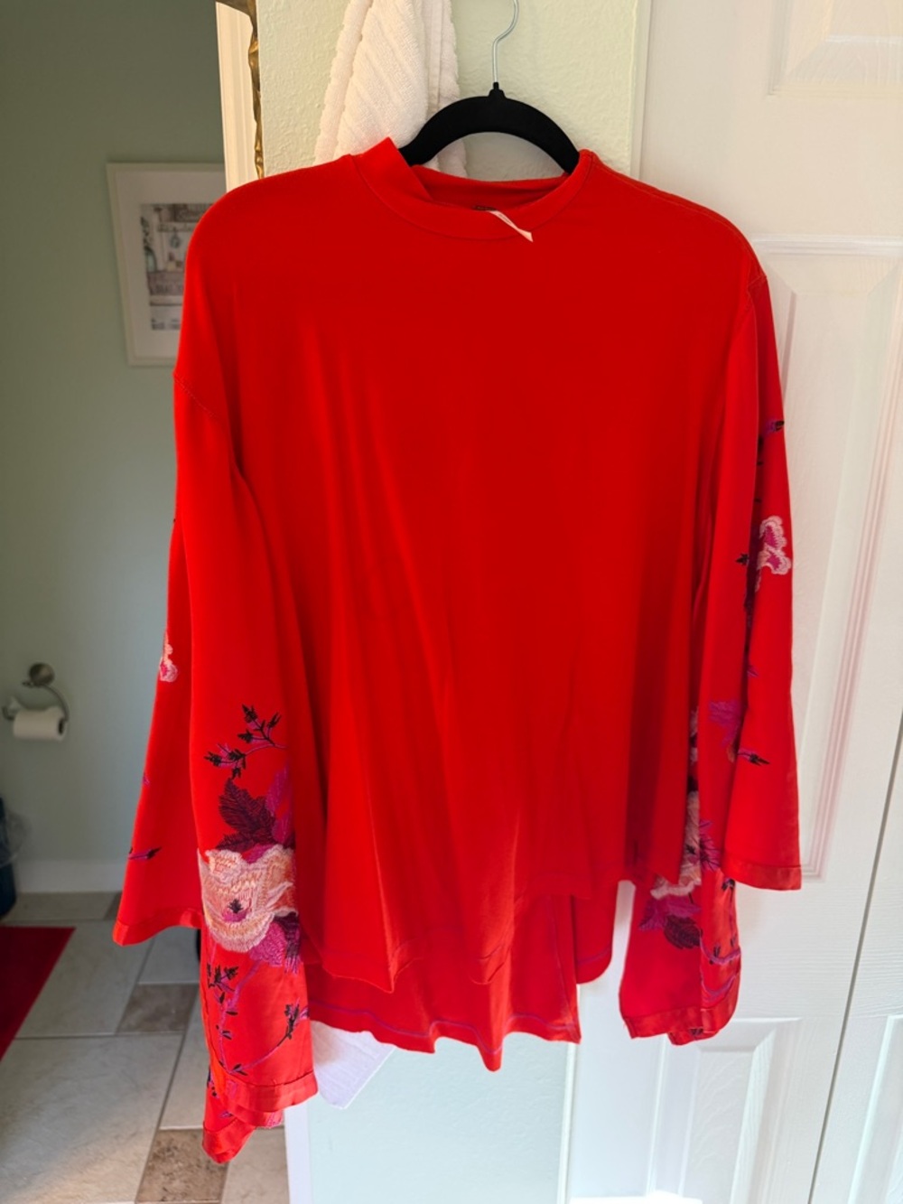 Free People Bright Red Embroidered Bell-Sleeve Tunic